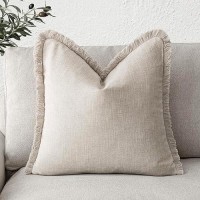 Foindtower Decorative Linen Fringe Throw Pillow Covers Cozy Boho Farmhouse Cushion Cover With Tassel Soft Accent Pillowcase For Chair Sofa Bed Living Room Home Decor  18?18 Inch  1Pc  Natural Beige