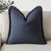 Foindtower Decorative Linen Fringe Throw Pillow Covers Cozy Boho Farmhouse Cushion Cover With Tassel Soft Accent Pillowcase For Chair Sofa Bed Living Room Home Decor  20?20 Inch  1Pc  Navy Blue