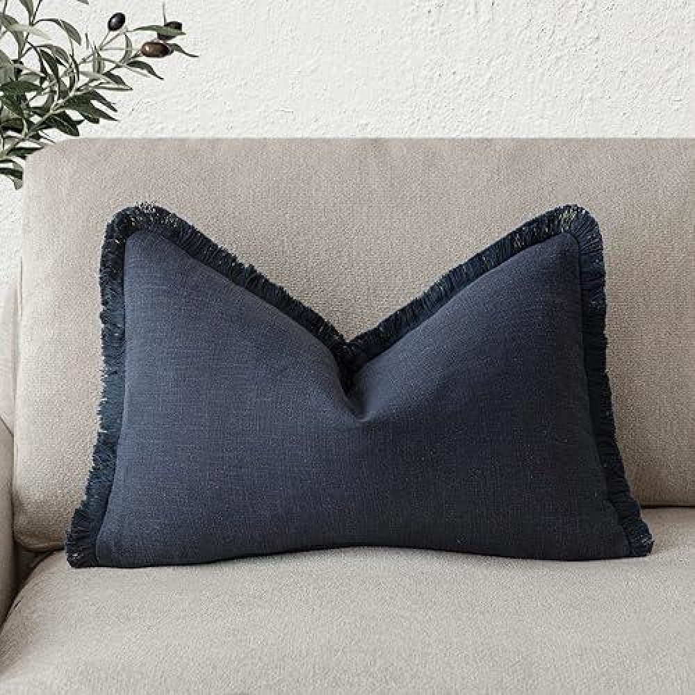 Foindtower Decorative Linen Fringe Lumbar Throw Pillow Covers Cozy Boho Farmhouse Cushion Cover With Tassel Soft Accent Pillowcase For Sofa Bed Living Room Home Decor  12?20 Inch  1Pc  Navy Blue