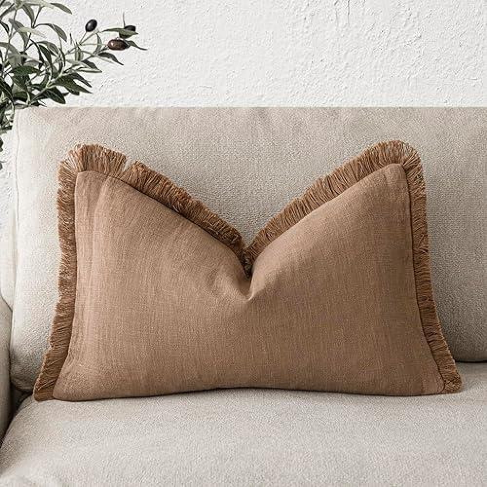 Foindtower Decorative Linen Fringe Lumbar Throw Pillow Covers Cozy Boho Farmhouse Cushion Cover With Tassel Soft Accent Pillowcase For Sofa Bed Living Room Home Decor  12?20 Inch  1Pc  Khaki Brown