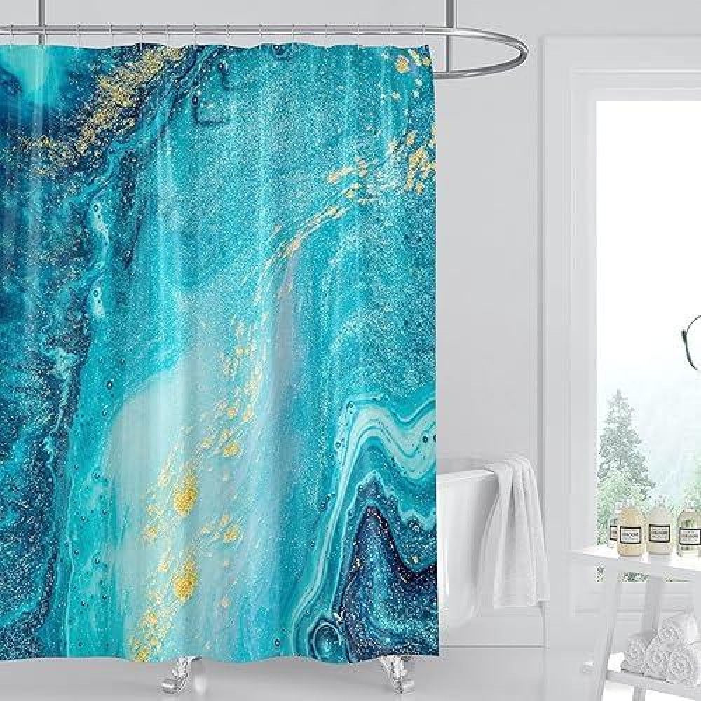 Domoku Blue Gold Marble Shower Curtain Blue Golden Cracked Lines Abstract Modern Shower Curtain For Bathroom Decor Waterproof Te