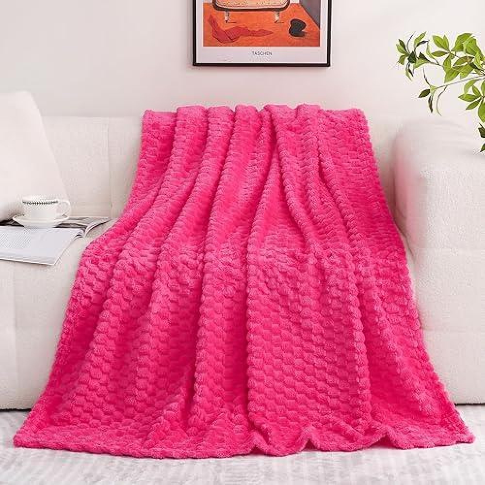 Puncuntex Hot Pink Throw Blanket 60 80 Inches Fuzzy 3D Jacquard Decorative Flannel Fleece Super Soft Plush Cozy Blanket For