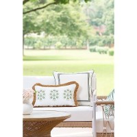 Hofdeco Premium Coastal Patio Indoor Outdoor Lumbar Pillow Cover Only 12X20 Water Repellent For Backyard Couch Green Embr