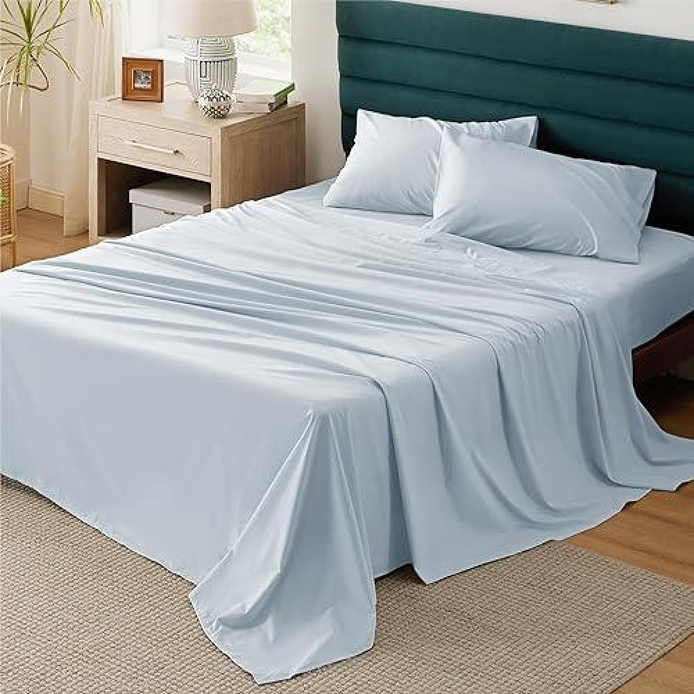 Bedsure 100 Cotton Sheets King Size Soft Percale Sheets 4 Pieces Sky Blue Sheet Set Breathable Cooling King Sheets Cotton