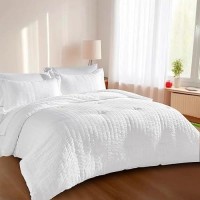 Jollyvogue White Seersucker California King Comforter Set  7-Pieces Bed In A Bag  Bedding Comforter For All Season  Breathable Fluffy Bed Set