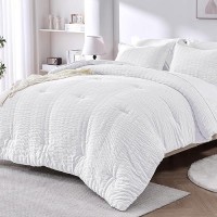 Jollyvogue White Seersucker California King Comforter Set  7-Pieces Bed In A Bag  Bedding Comforter For All Season  Breathable Fluffy Bed Set