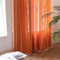 Deeprove Orange Boho Curtains 63 Inches Length For Kitchen  Vintage Bohemian Embroidery Farmhouse Cotton Linen Autumn Country Tassel Window Treatments Fall Thanksgiving Decor  W52 X L63  1 Panel