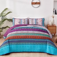 Wongs Bedding Purple Quilt Set Queen Size Bohemian Stripe 3 Pieces Bedspread Quilts Set Boho Lightweight Microfiber All Season