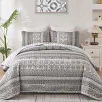 Wongs Bedding Boho Quilt Set Queen Size Grey Bohemian 3 Pieces Quilt Sets Gray Lightweight Summer Bedspread Coverlet Bedding S