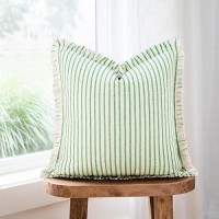 Zwjd Throw Pillow Covers 26X26 Set Of 2 Green Striped Pillow Covers With Fringe Chic Cotton Decorative Pillows Square Cushion Covers For Sofa Couch Bed Living Room Farmhouse Spring Decor