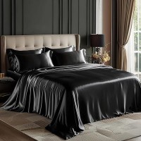 Loves Cabin California King Satin Sheet Sets 4 Piece Black Silky Satin Sheets Bed Set With Deep Pocket Luxury Silk Feel Sati