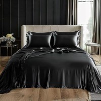 Loves Cabin California King Satin Sheet Sets 4 Piece Black Silky Satin Sheets Bed Set With Deep Pocket Luxury Silk Feel Sati