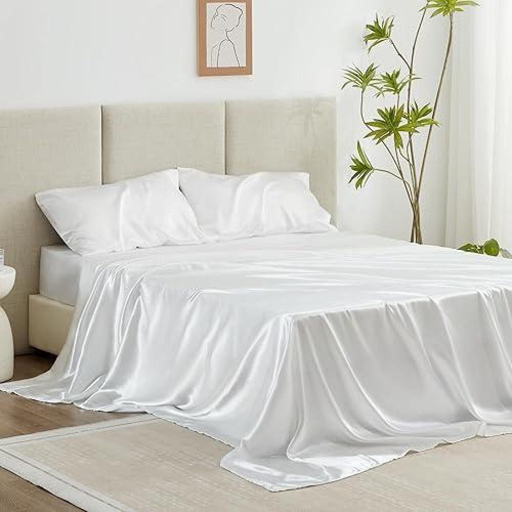 Loves Cabin Twin Xl Satin Sheet Sets 3 Piece White Silky Satin Bed Sheets With Deep Pockets Luxury Silk Feel Satin Sheet Set