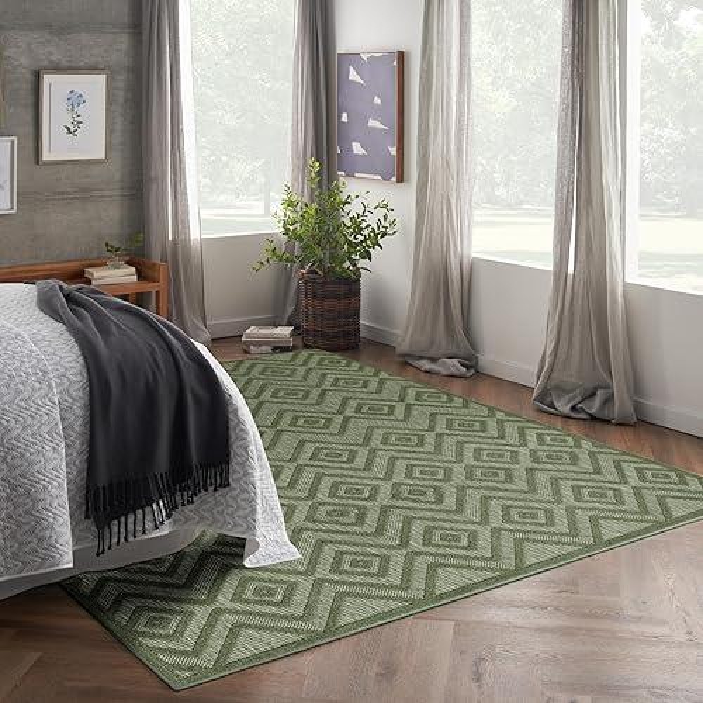 Nourison Versatile Modern Indoor/Outdoor Green 9' X 12' Area Rug  Easy Cleaning  Non Shedding  Bed Room  Living Room  Dining Room  Backyard  Deck  Patio (9X12)