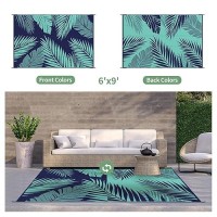 Genimo Outdoor Rug 6' X 9' Waterproof For Patios Clearance  Reversible Outdoor Plastic Straw Camping Rug Carpet  Large Area Rugs Mats For Rv  Camper  Deck  Balcony  Porch  Beach  Navy Blue&Jade Green