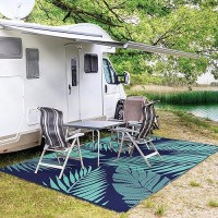 Genimo Outdoor Rug 6' X 9' Waterproof For Patios Clearance  Reversible Outdoor Plastic Straw Camping Rug Carpet  Large Area Rugs Mats For Rv  Camper  Deck  Balcony  Porch  Beach  Navy Blue&Jade Green