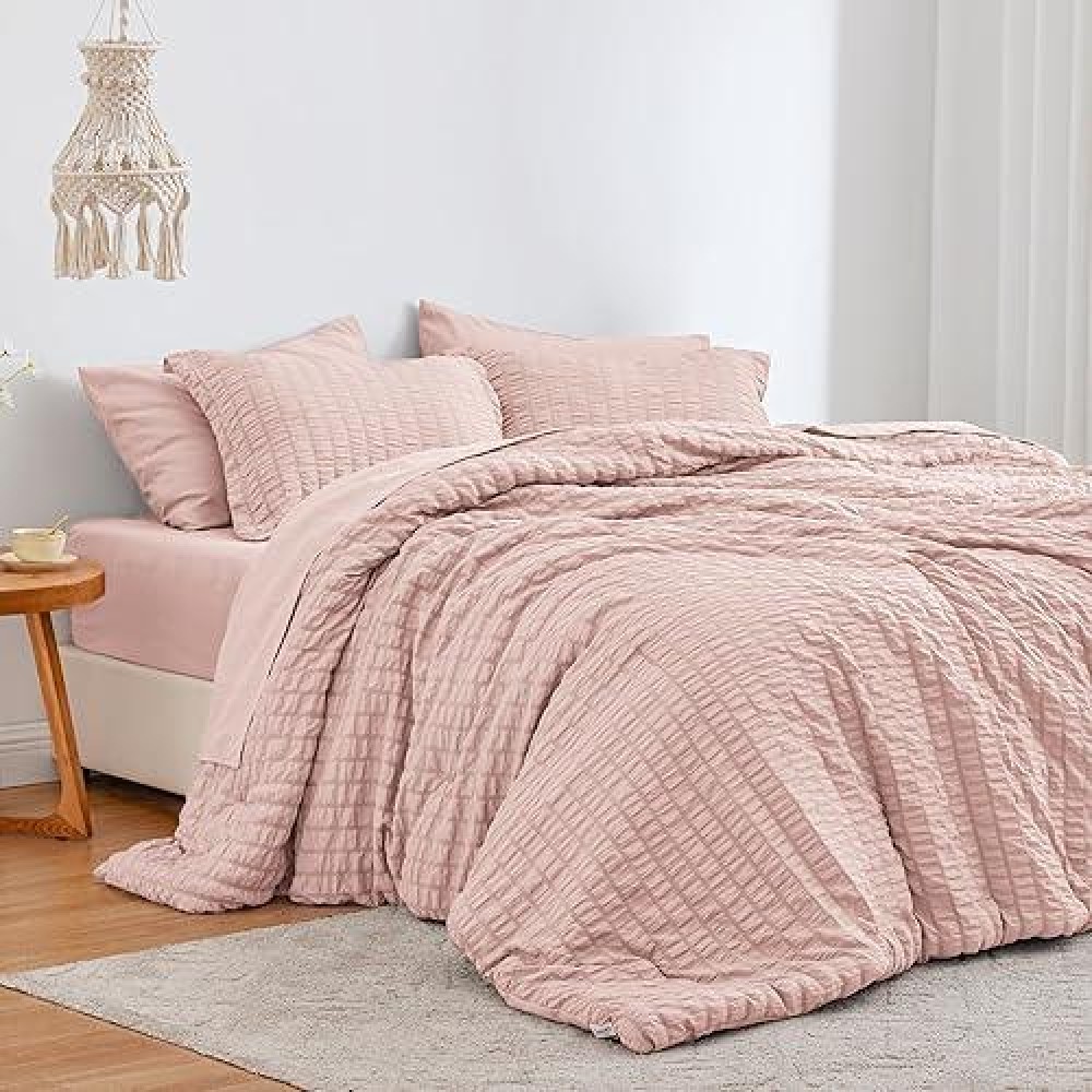 Loves Cabin Seersucker Pink King Size Comforter Set 7 Pieces All Season Bedding Set King Bed In A Bag Comforter Set With Comf