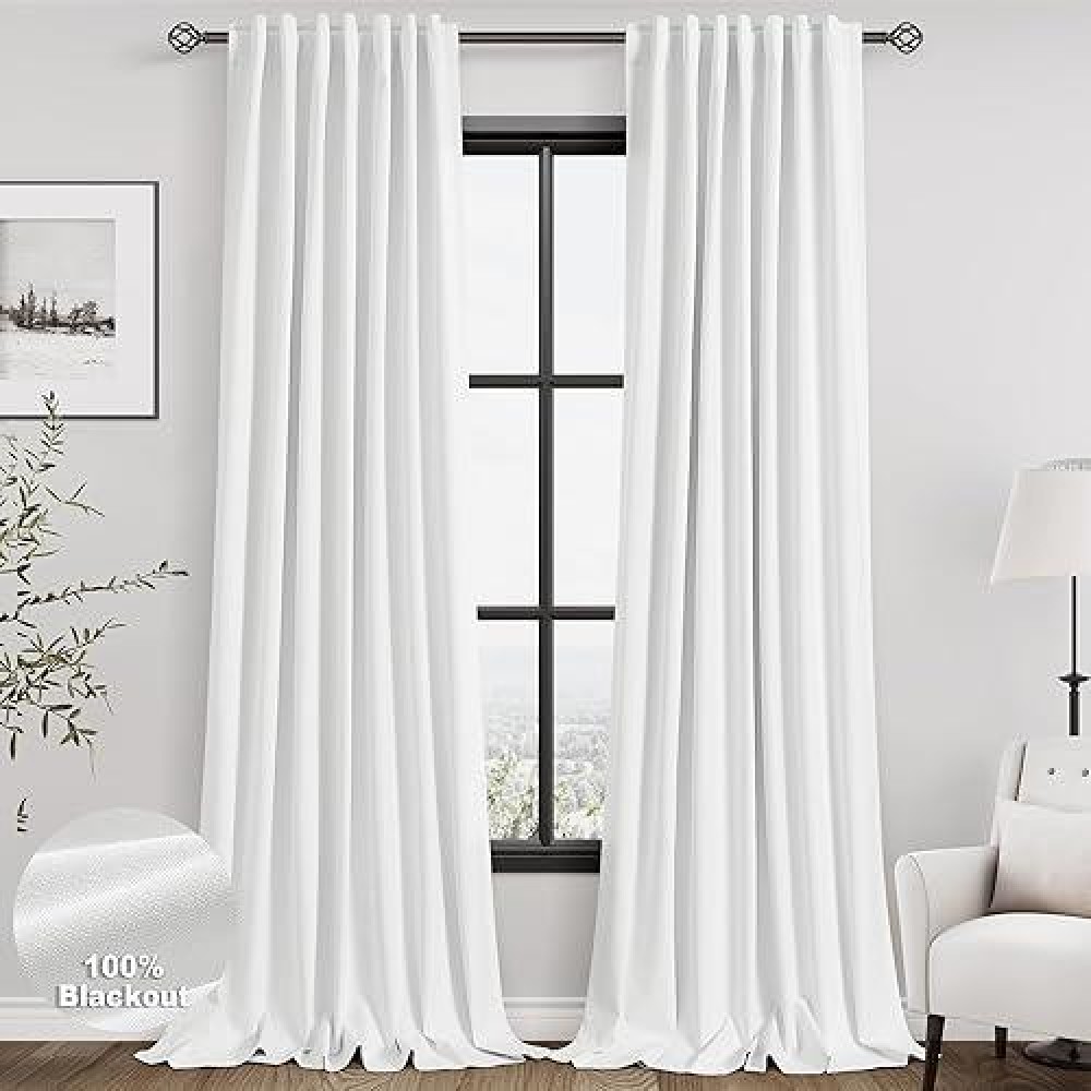 White Linen Blackout Curtains 126 Inch Length 2 Panels Set Burg Extra Long 10 Ft Back Tab Pocket Drapes Cotton Textured Total Sun Blocking Curtains For Living Room Cottage High Window 50W X 126L