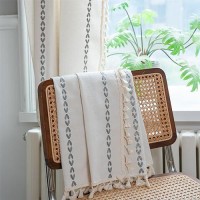 Deeprove Light Gray Boho Curtains 63 Inches Length For Kitchen  Vintage Bohemian Embroidery Farmhouse Cotton Linen Striped French Country Tassel Window Treatments Decor  W52 X L63  1 Panel