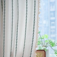 Deeprove Emerald Green Boho Curtain 63 Inches Length For Kitchen  Vintage Bohemian Embroidery Farmhouse Cotton Linen Striped French Country Tassel Window Treatments Decor  W52 X L63  1 Panel