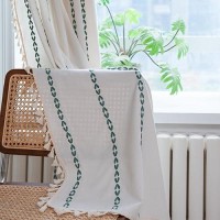 Deeprove Emerald Green Boho Curtain 63 Inches Length For Kitchen  Vintage Bohemian Embroidery Farmhouse Cotton Linen Striped French Country Tassel Window Treatments Decor  W52 X L63  1 Panel