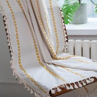 Deeprove Gold Yellow Boho Curtains 63 Inches Length For Kitchen  Vintage Bohemian Embroidery Farmhouse Cotton Linen Striped French Country Tassel Window Treatments Decor  W52 X L63  1 Panel