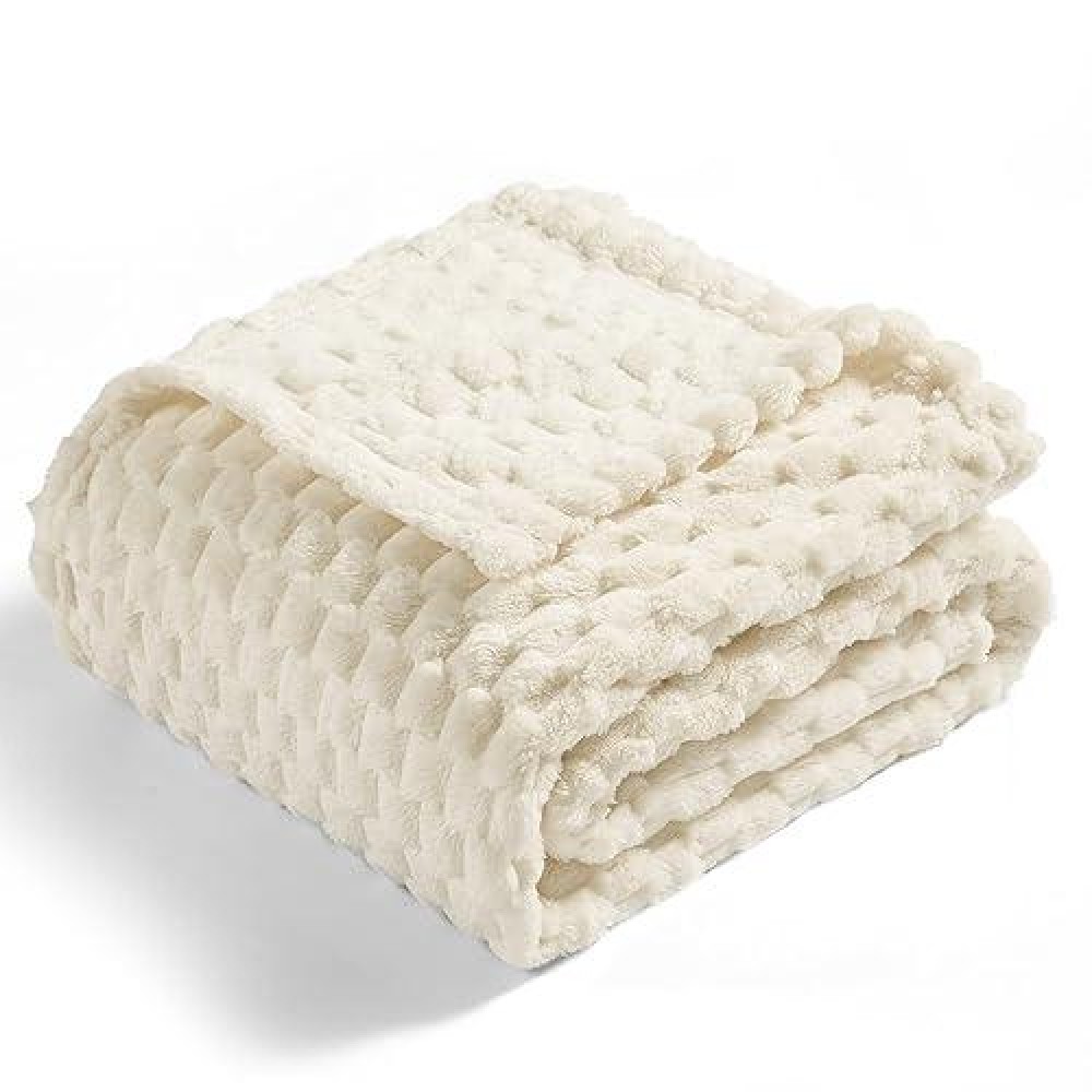 Vessia Flannel Fleece Throw Blanket For Kids And Adults  3D Jacquard Cream Fuzzy And Warm Blanket For Couch Sofa Bed Chair  300Gsm Super Soft Touch Cozy Throw For All-Season Home Decor(50X40Inch)