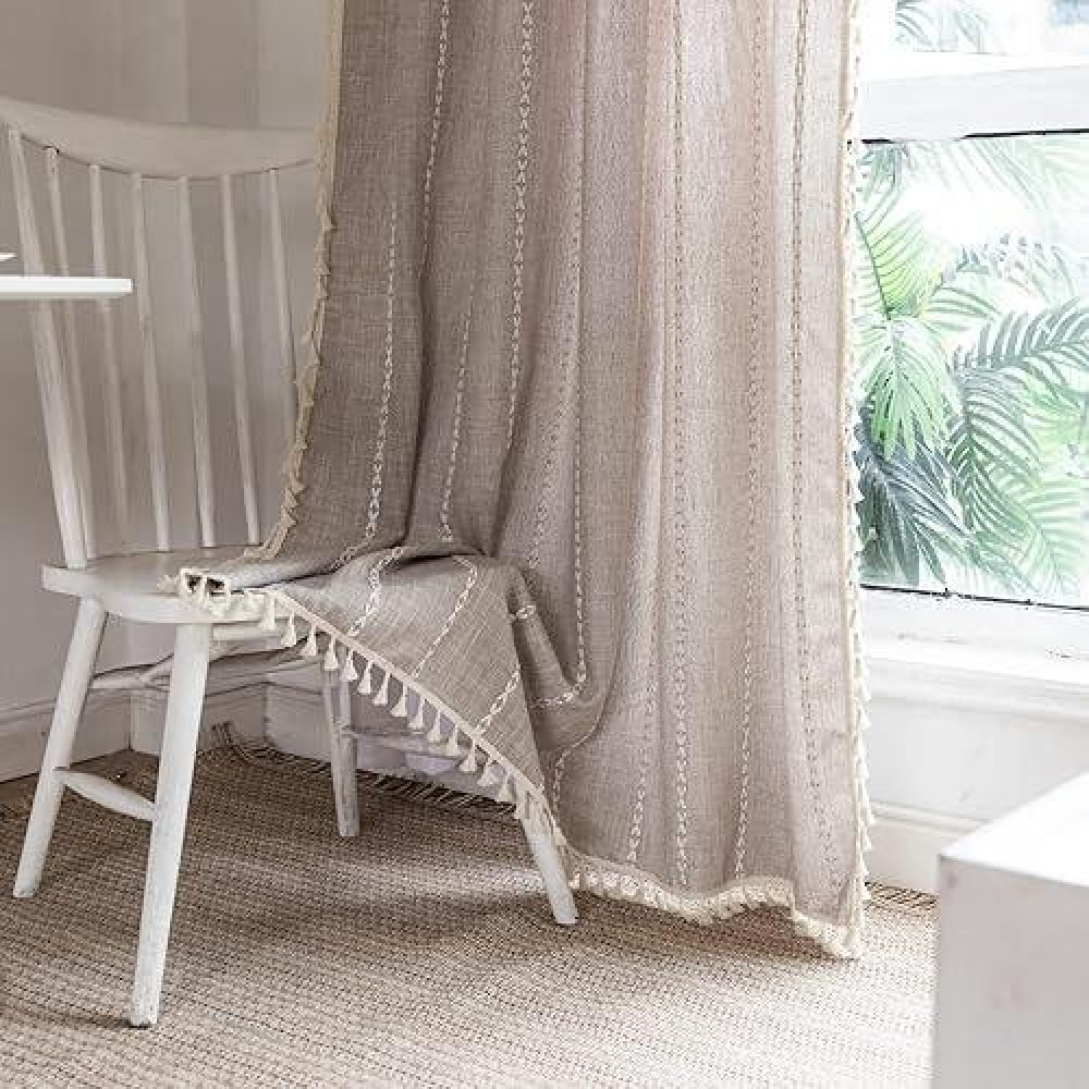 Deeprove Boho Curtain 72 Inches Long For Bedroom Living Room  Cotton Linen Weighted Taupe Stripes Embroidery  Semi Blackout Bohemian Window Treatment Priacy Drape Tassels 1 Panel W52 X L72  Natural