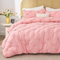 Bedelite Pink King Size Comforter Set 3 Pieces Boho Pintuck Bedding Comforter Sets Lightweight Soft Warm King Bedding Set W