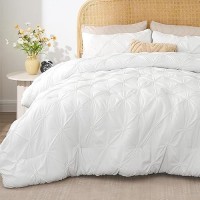 Bedelite White King Size Comforter Set 3 Pieces Boho Pintuck Bedding Comforter Sets Lightweight Soft Warm King Bedding Set