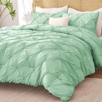 Bedelite Green Queen Comforter Set 3 Pieces Boho Pintuck Bedding Comforter Sets Lightweight Soft Warm Bed Comforter Queen W