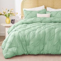 Bedelite Green Queen Comforter Set 3 Pieces Boho Pintuck Bedding Comforter Sets Lightweight Soft Warm Bed Comforter Queen W