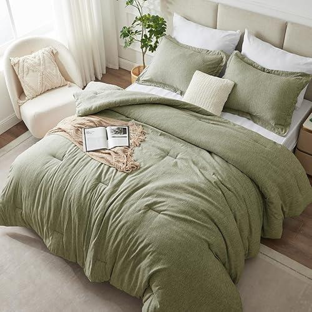 Cozylux Queen Size Comforter Set 3 Pieces Olive Green Soft Luxury Cationic Dyeing Bedding Comforter For All Season Breathable