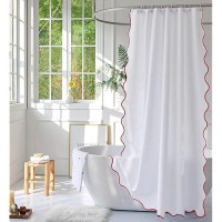 Youngseahome White Fabric With Red Scalloped Border Shower Curtain Boho Chic Cloth Shower Curtain For Bathroom Showers 36 X 72 I