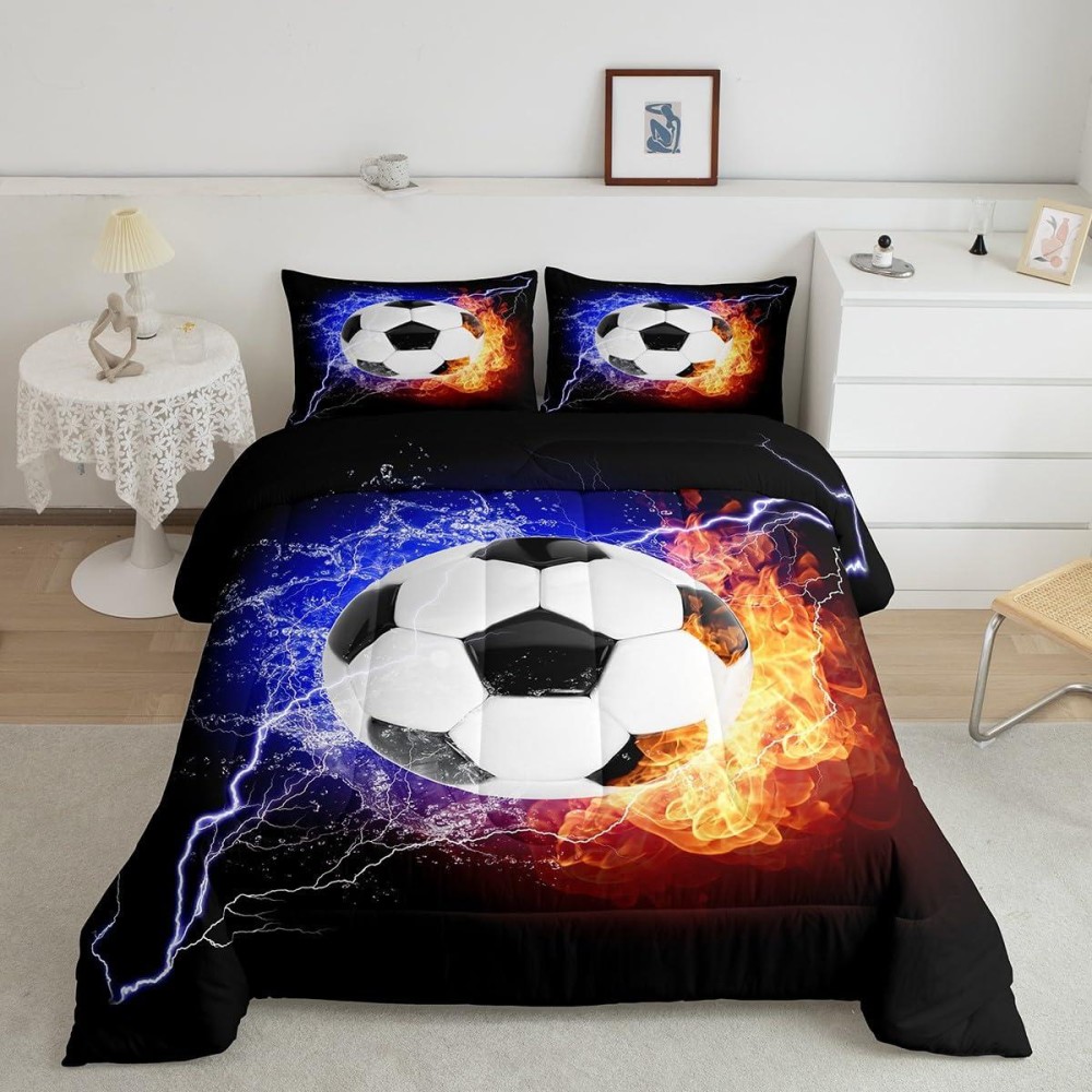 Erosebridal Boys Soccer Comforter Set Football Bedding Set Queen Size Gold Flame Ball Quilt For Kids Girls Teens Youth Bedroom