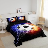 Erosebridal Boys Soccer Comforter Set Football Bedding Set Queen Size Gold Flame Ball Quilt For Kids Girls Teens Youth Bedroom