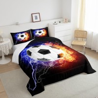 Erosebridal Boys Soccer Comforter Set Football Bedding Set Queen Size Gold Flame Ball Quilt For Kids Girls Teens Youth Bedroom