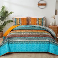 Wongs Bedding Orange Quilt Set Queen Size Stripe Bohemian 3 Pieces Quilts Bedspread Set Boho Lightweight Microfiber All Season