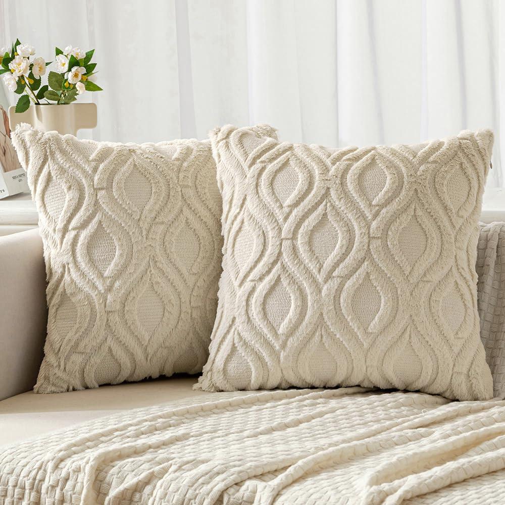 Miulee Beige Throw Pillow Covers 18X18 Inch Soft Plush Faux Wool Couch Pillow Covers Set Of 2 Decorative Farmhouse Boho Throw P