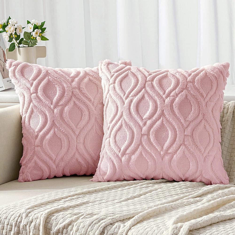 Miulee Light Pink Throw Pillow Covers 18X18 Inch Soft Plush Faux Wool Couch Pillow Covers Set Of 2 Decorative Farmhouse Boho Th