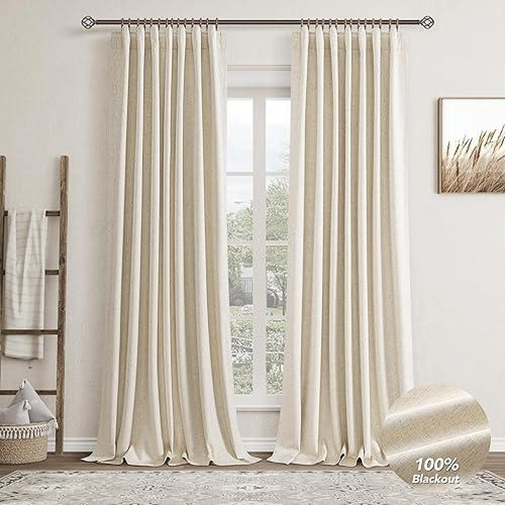 Beige Linen Blackout Curtains For Bedroom 120 Inch Length 2 Panels Set Back Tab Pocket Neutral Farmhouse Living Room Darkening C