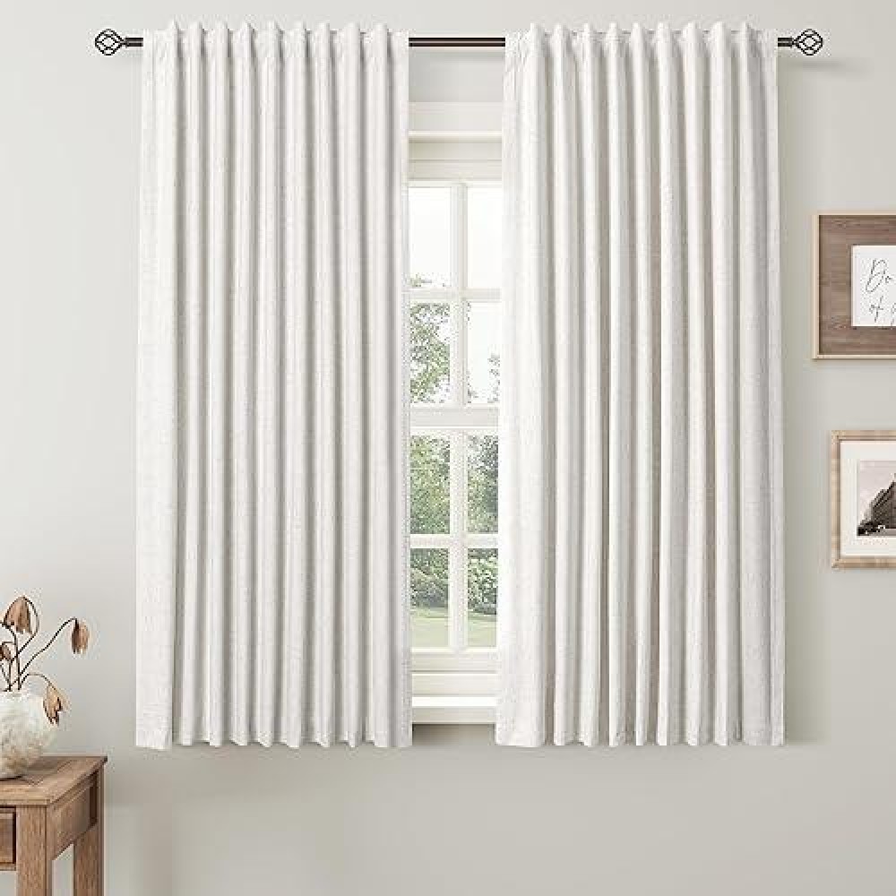 Natural Linen Blackout Curtains For Bedroom 63 Inch Length 2 Panels Set Back Tab Cream Colored Neutral Farmhouse Living Room Dar