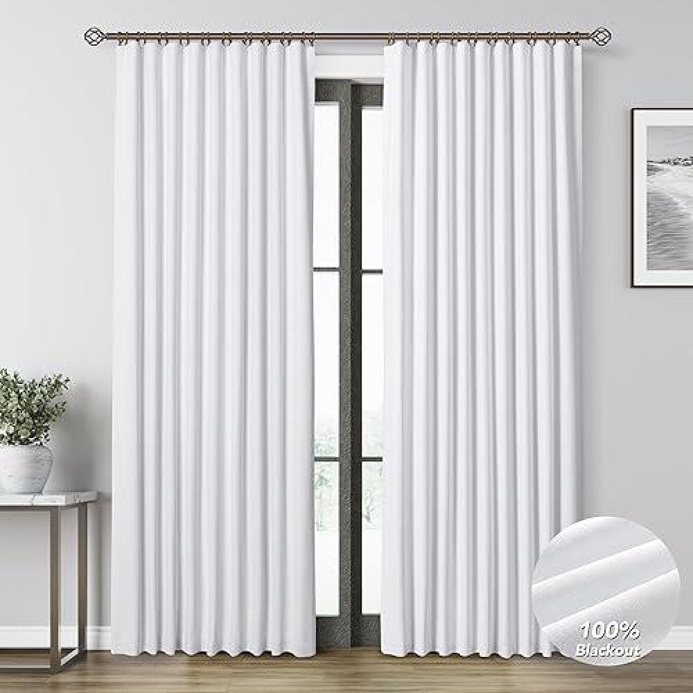 White Linen Blackout Curtains For Bedroom 84 Inch Length 2 Panels Set Back Tab Pocket Neutral Farmhouse Living Room Darkening Cu