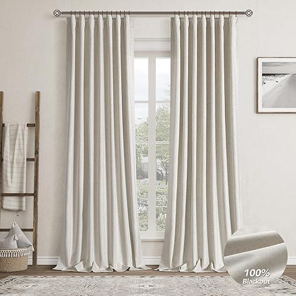 Greyish Beige Linen Blackout Curtains For Bedroom 105 Inch Length 2 Panels Set Back Tab Pocket Neutral Farmhouse Living Room Dar