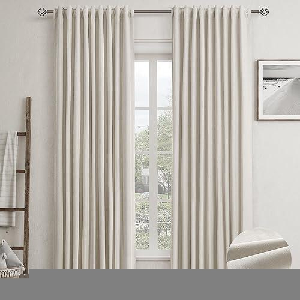 Greyish Beige Linen Blackout Curtains For Bedroom 90 Inch Length 2 Panels Set Back Tab Pocket Neutral Farmhouse Living Room Dark