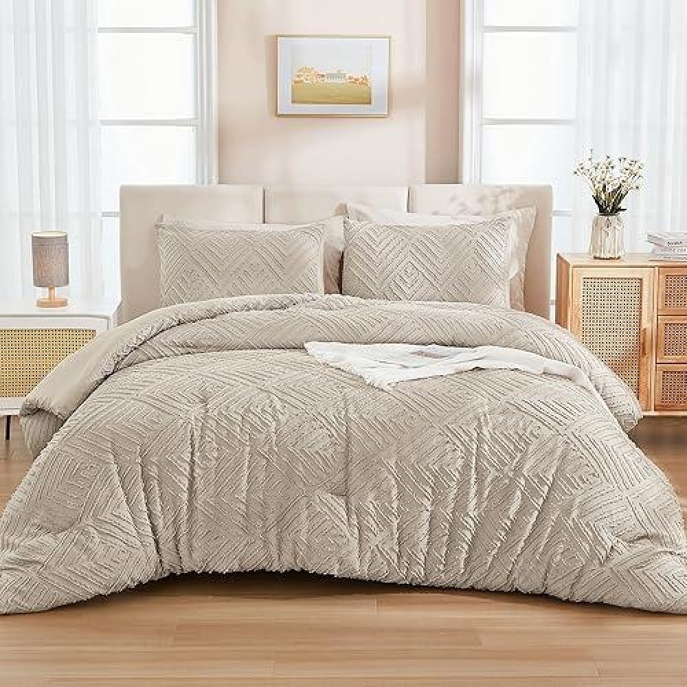 Andency Oatmeal Queen Comforter Set Lightweight Fluffy Boho Bedding Comforter Set 3 Pieces Tufted Farmhouse Shabby Chic Bed Se