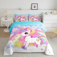 Manfei Cute Unicorn Kids Comforter Set Twin Size Rainbow Stars Cloud Dreamy Bedding Set Girls Women Room Decor Cartoon Animals C