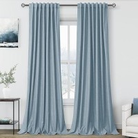 Nanspring Blue Linen 100% Blackout Curtains 95 Inch Length Back Tab Rod Pocket Drapes Thermal Insulated Textured Living Room Black Out Curtains 2 Panels Set 52X95