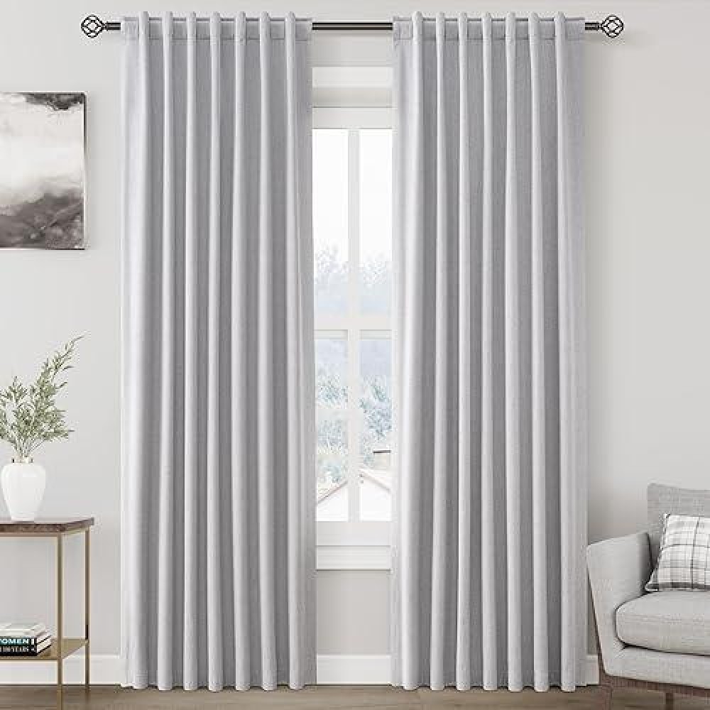 100% Blackout Linen Curtains 84 Inch Length 2 Panels Light Grey Light Blocking Darkening Living Room Curtains 84 Inches Long Elegant Modern Back Tab Pocket Noise Reducing Drapes For Nursery 52X84