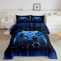 Manfei Honeycomb Gamepad Comforter Set Full Size Blue Geometric Reversible Bedding Set 3Pcs For Kids Boy Game Room Decor Moder